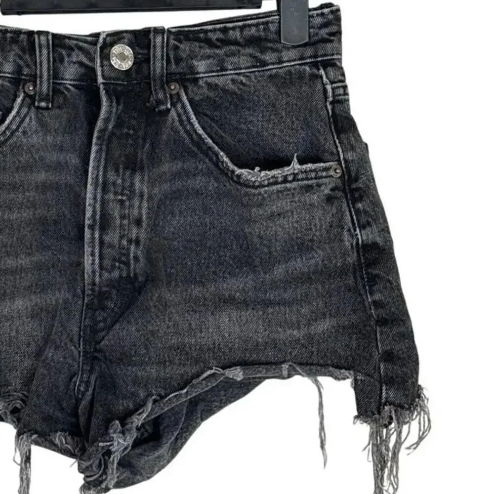 ZARA Cutoff Distressed Jean Shorts Raw Ripped Hem High Rise Pockets 0 Wash Black